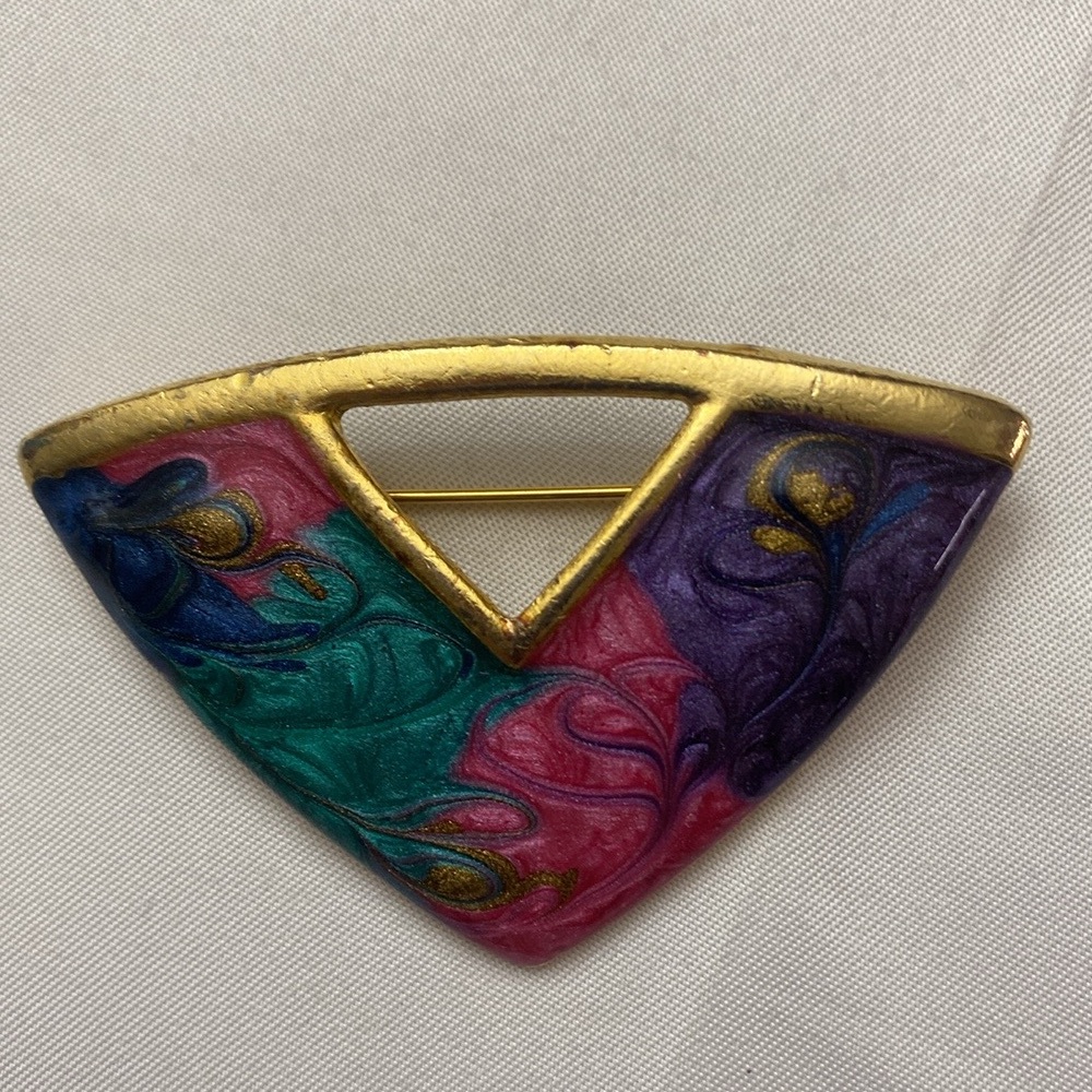 Vintage 80's Brooch Triangle Goldtone Enamel Purple Green Pink Blue Pin